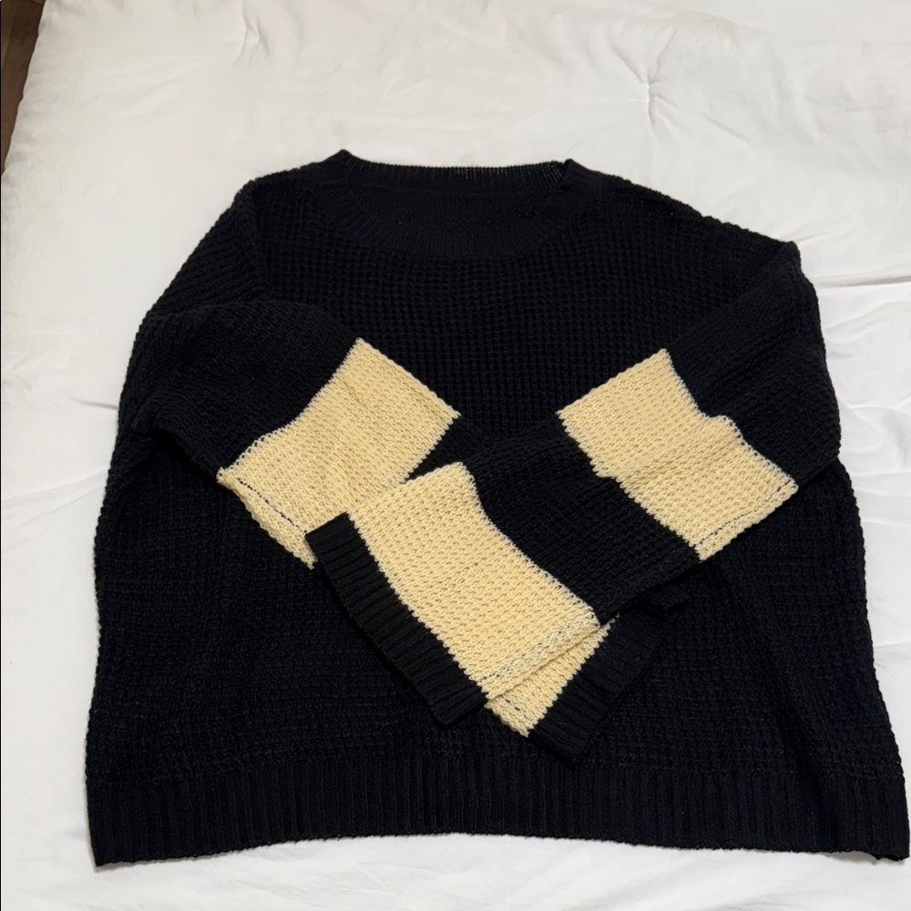 Black Sweater with Cream Striped Sleeves